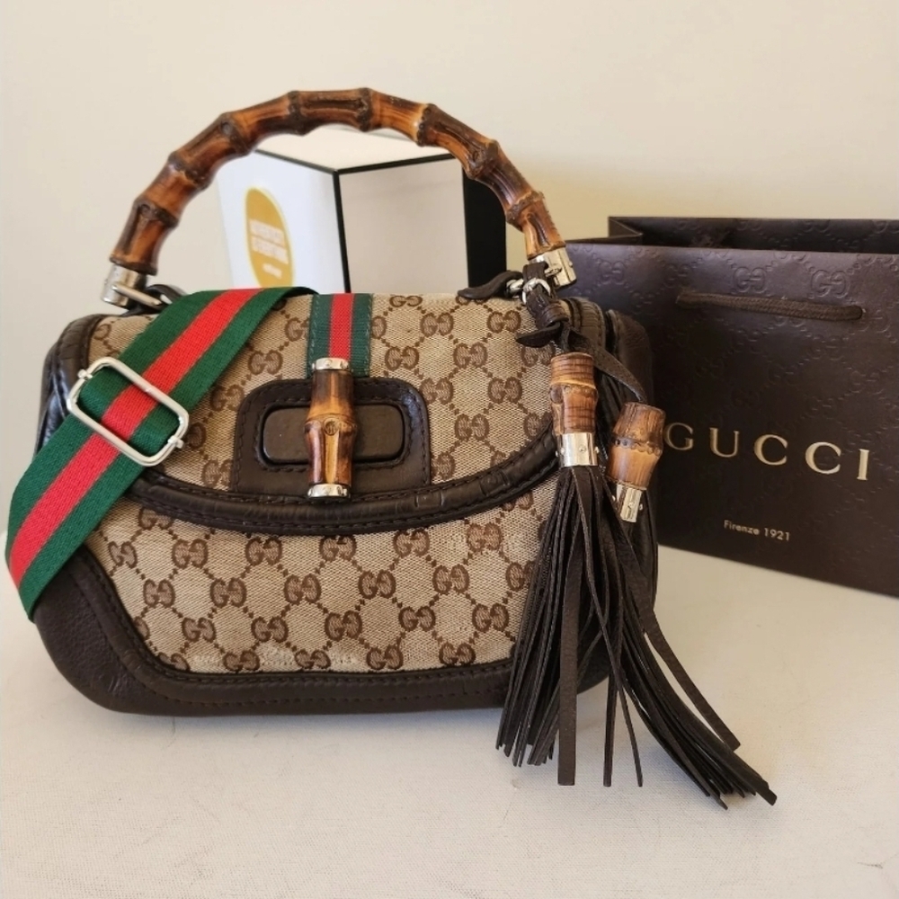 RARE Gucci GG Monogram Nano Saddle Bag Bamboo Top Handle + ENTRUPY COA